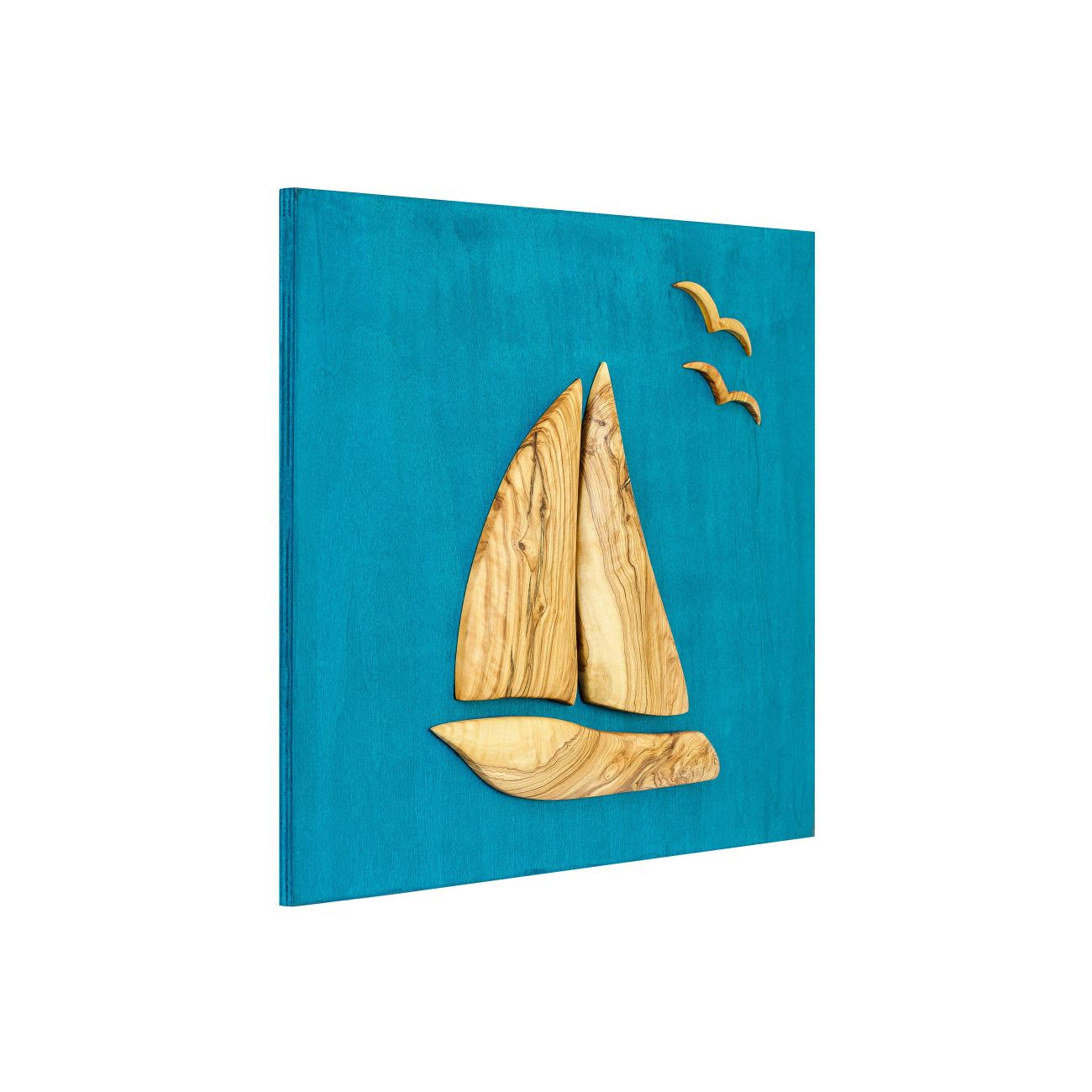 Olive Wood Sailboat, Handmade Modern Wall Decor, Blue Wooden Background, Design A, 45x35cm